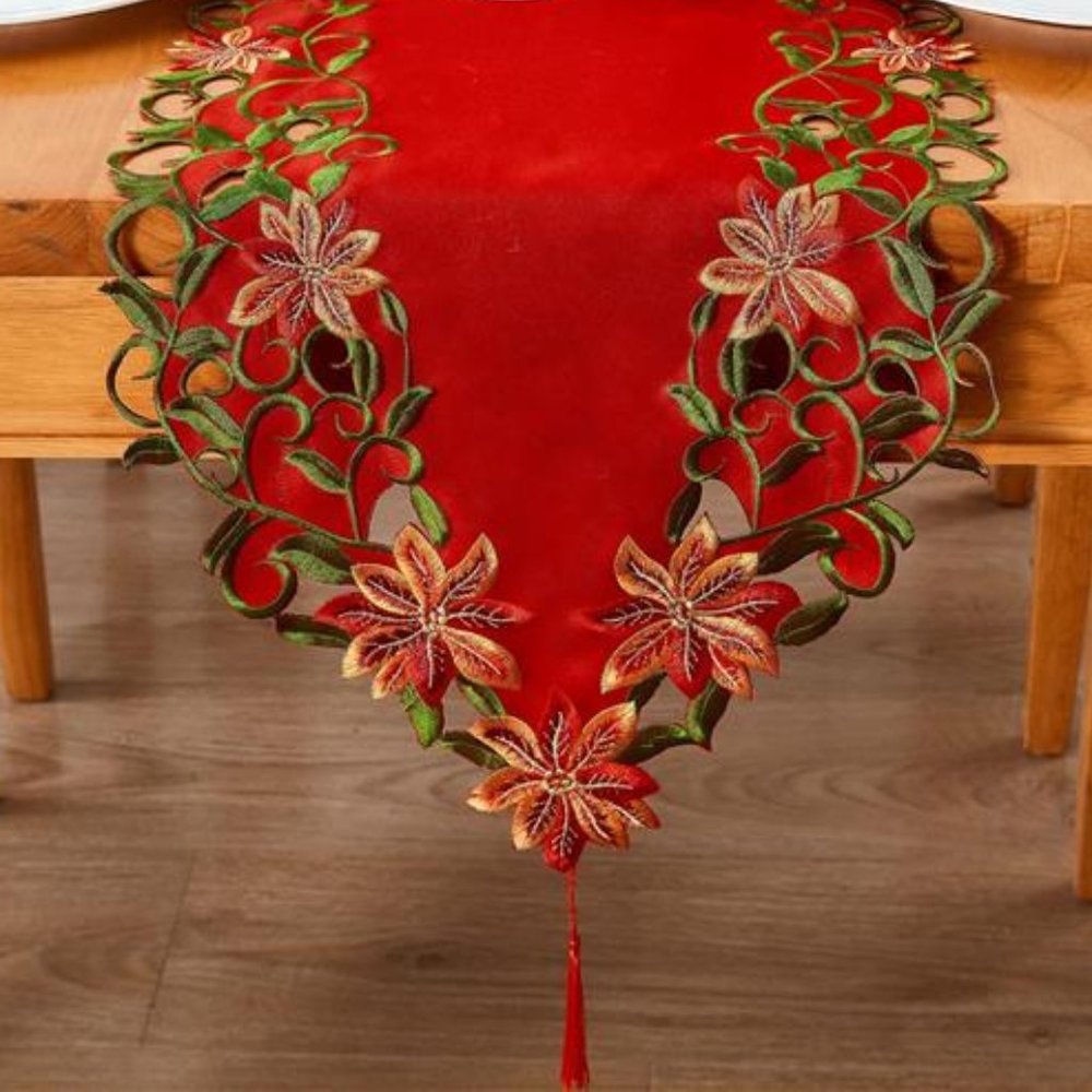 Christmas Table Runner Red Embroidered Decorative Cloth Holiday Decor Decoration